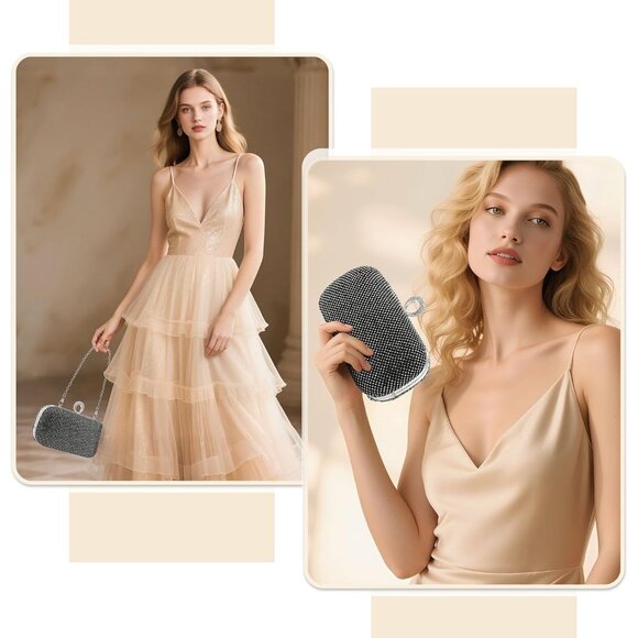 Women Black Sparkly Rhinestone Evening Clutch Purse Crystal Ring Clasp Handbag - Picture 2 of 6